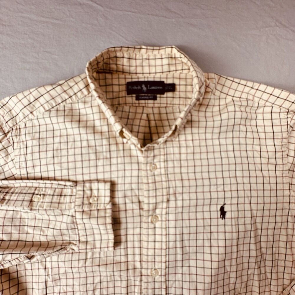 Ralph Lauren Shirt Mens XL Cream Check Plaid Classic Fit Button Down Cotton